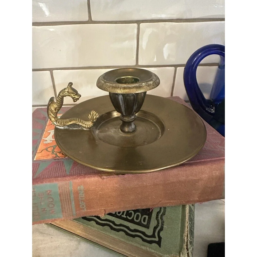 Vintage Brass Dragon Handle Candlestick Candle Holder Chamberstick